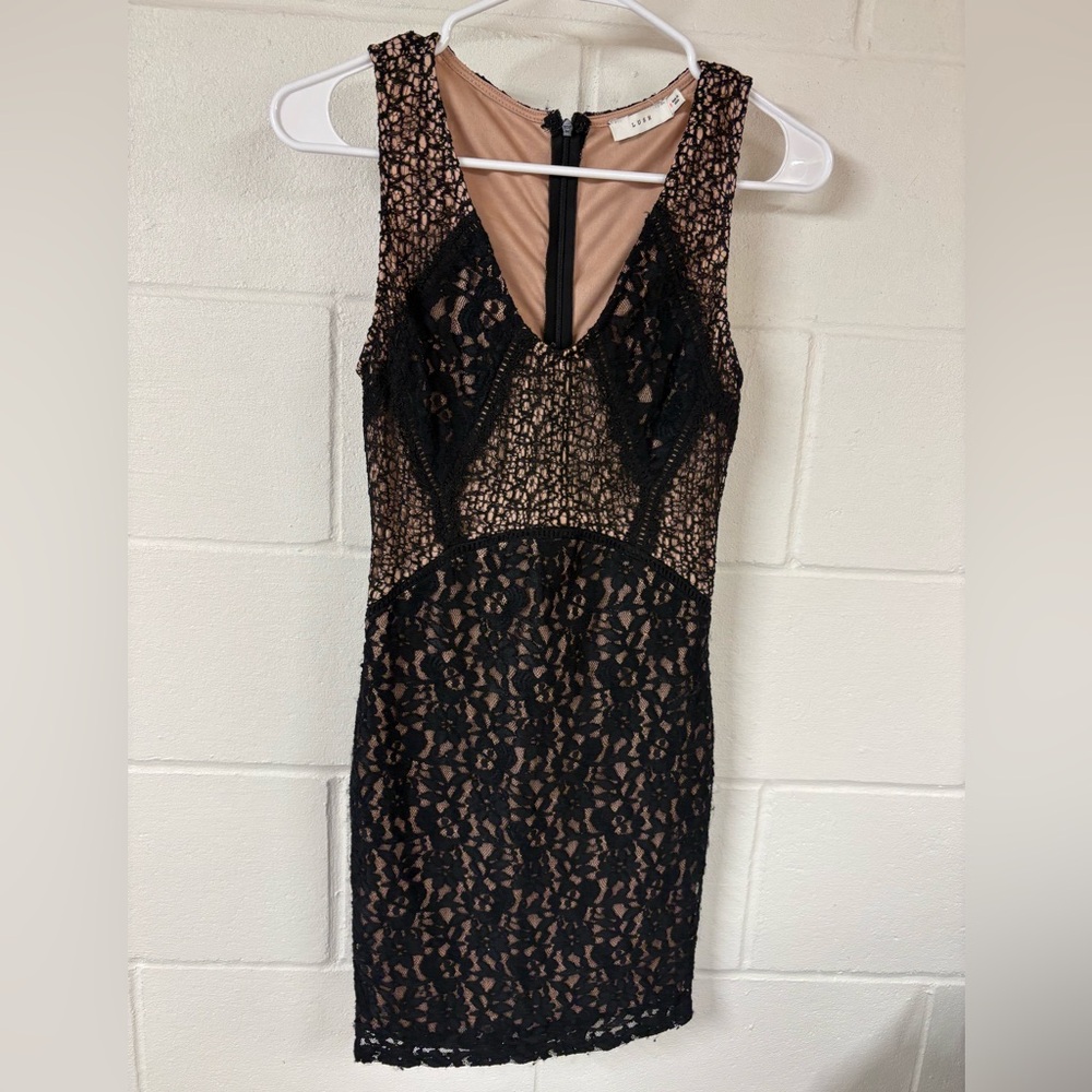 Lush Black Lace Mini Dress with Nude Lining